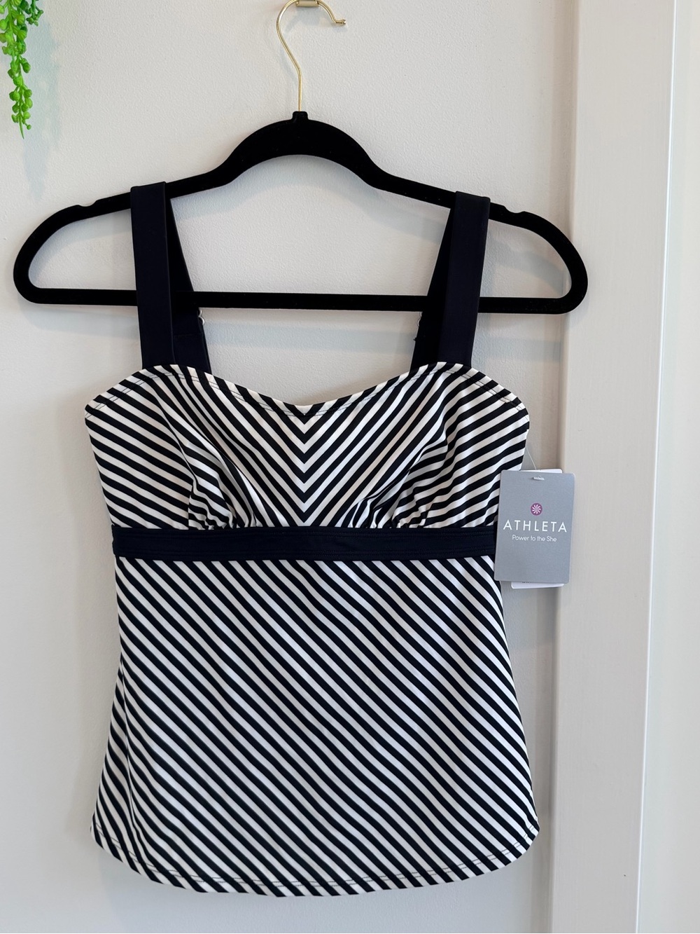 Athleta Black and White Slash Striped Swim Tankini Top Size 32D/DD